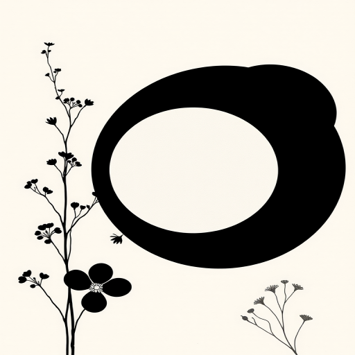 Create a minimalist abstract artwork featuring geometric shapes and botanical elements, with a soft beige background, a prominent black circle, a white circle, and delicate black floral designs, captured with a DSLR camera at f/11 aperture, 50mm lens, soft natural lighting for enhanced texture and detail.