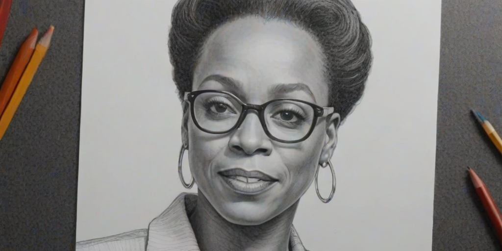 Lovely Marianne Jean-Baptiste, pencil sketch, portrait of Dazzling woman 1972s in glasses, hair style beatnik, outline, clear lines, fine lines, 8k