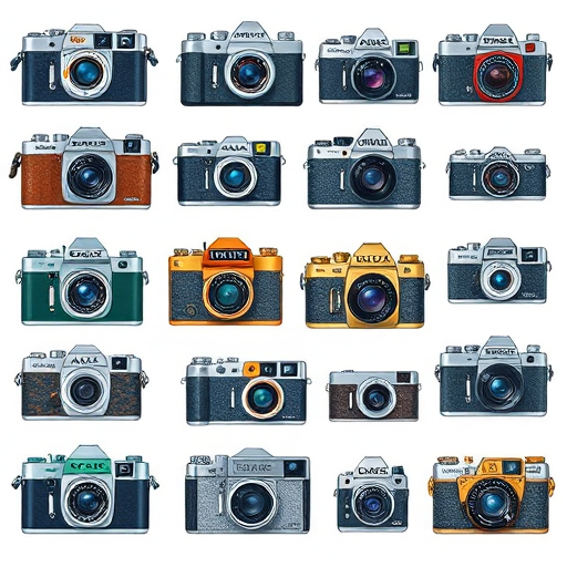 Create an illustration of various vintage cameras arranged in a grid, using a hand-drawn style with vibrant colors, high resolution, shot with a 35mm lens, f/8 aperture, and ISO 100, with a top-down view to capture all details.