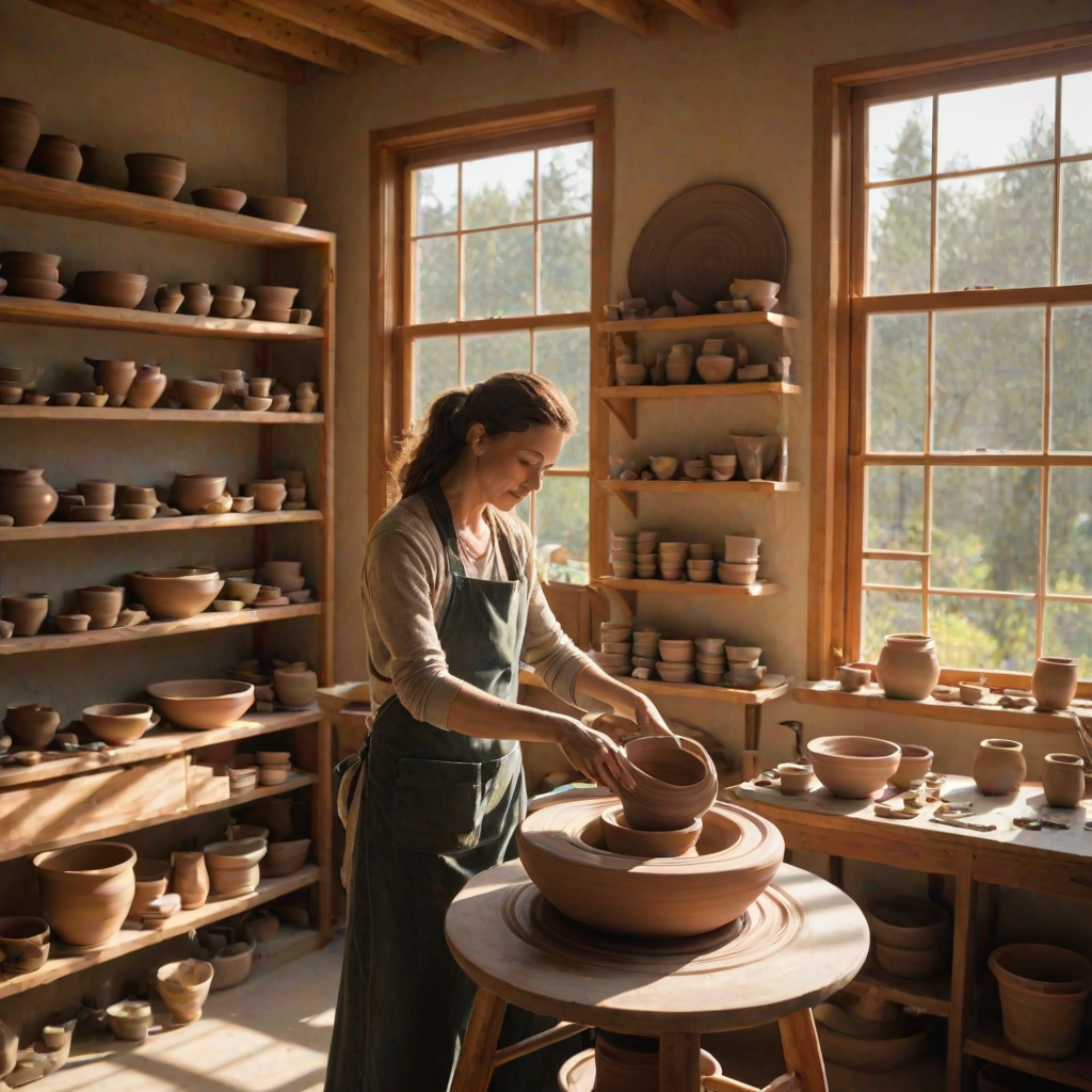 Artistic pottery studio, with a potter shaping clay on a wheel, shelves filled with beautifully crafted pieces, and sunlight streaming through large windows.