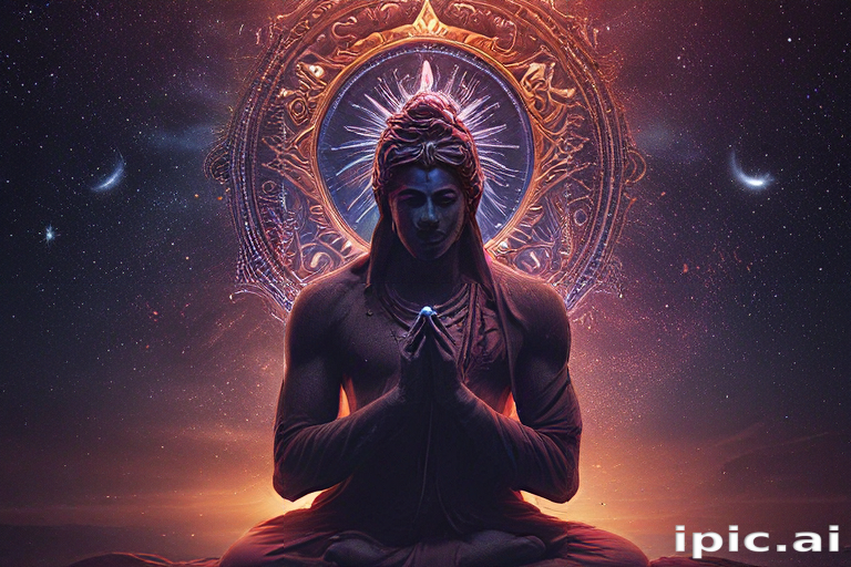 Serene Enlightenment: A Majestic Figure Meditates Under Celestial ...