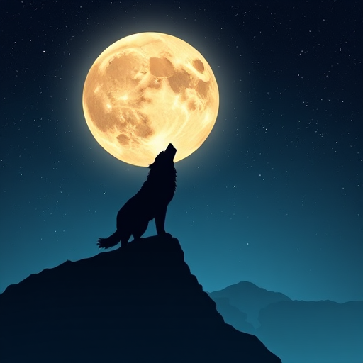 create a digital artwork of a wolf howling on a mountain silhouette against a large full moon in a starry night sky, use a wide-angle lens perspective, enhance colors with high contrast, 4K resolution, f/2.8 aperture, low ISO 100, soft lighting, and smooth gradients in the sky.