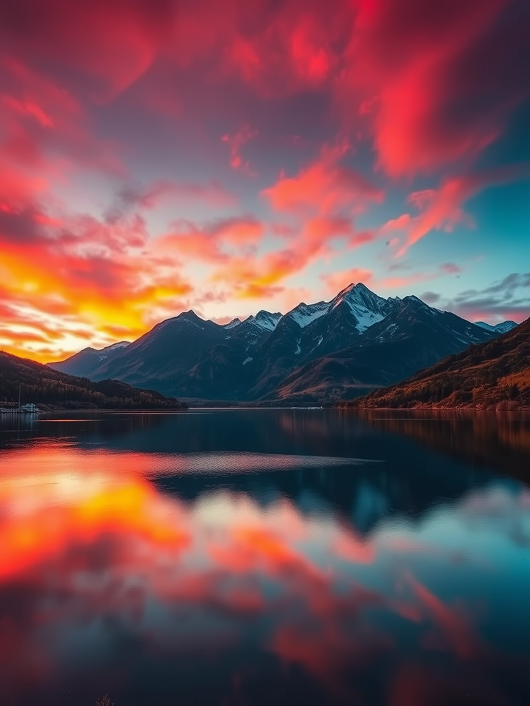 Create an imaginative landscape featuring a vibrant sunset over a mountain range, with rich colors reflecting in a calm lake, shot with a Canon EOS R5 at f/8, ISO 100, 1/125s, using a wide-angle lens for a panoramic view, capturing sharp details and depth in the scene.
