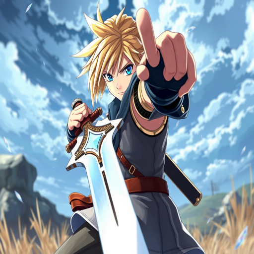 masterpiece, best quality, cloud strife, final fantasy, 1boy, blonde hair, blue eyes, holding weapon, buster sword, fighting stance, solo, outdoors, aiming at viewer, foreshortening, epic, aura,