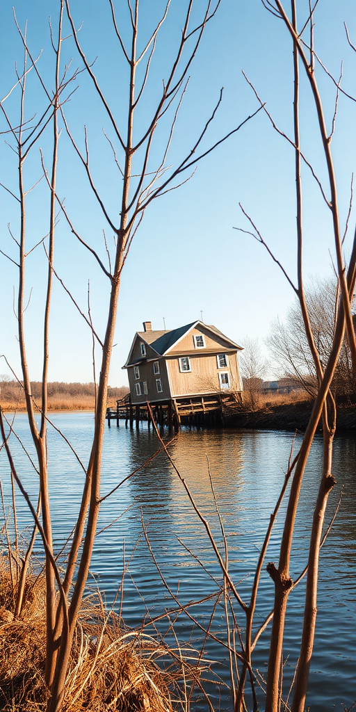 Capture a serene scene of a tilted house on stilts by a calm river, surrounded by bare trees in the foreground and a clear blue sky, using a Canon EOS R5, ISO 100, f/11, 1/200s, wide-angle lens at 24mm, with a vibrant color palette and enhanced contrast for clarity.
