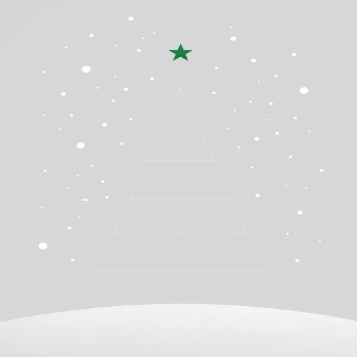 Create a minimalistic Christmas tree illustration with a three-tiered geometric design, set against a soft gray background with falling snowflakes, using a Canon EOS R5, 50mm f/1.2 lens, aperture at f/2.8, ISO 100, shot from a slightly elevated angle for a captivating view.