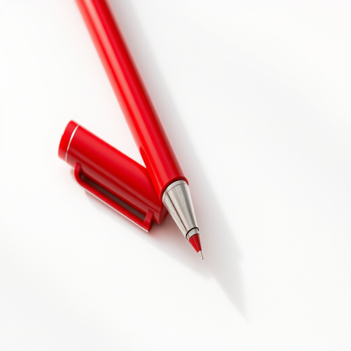 Create a high-resolution image of a red pen with a glossy finish on a clean white background, shot with a Canon EOS R5, 50mm lens, aperture f/2.8, shutter speed 1/125s, ISO 100, using soft natural lighting to enhance details and color depth.