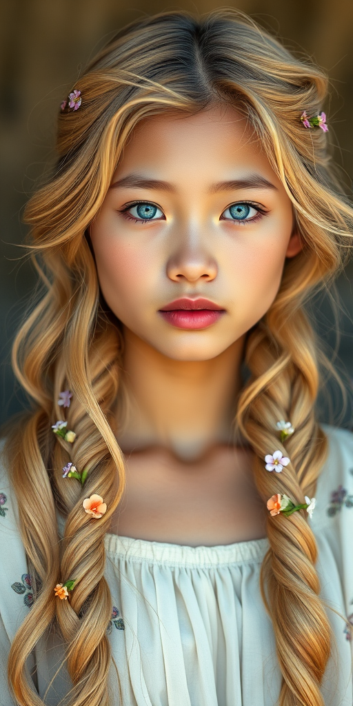 Create an image of a young Lao woman with long, wavy blonde hair, adorned with small, colorful flowers woven into her braids and loose strands. Her complexion is fair, with soft, glowing skin, and she has light blue eyes that gaze softly at the viewer. She wears a light, flowing dress with a gentle, ethereal quality, complementing her delicate and serene appearance. The background is slightly blurred, drawing focus to her tranquil expression and the intricate details of the flowers in her hair. The overall mood of the image is one of natural beauty and grace, evoking a sense of peacefulness and connection with nature.