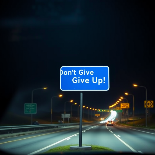 Create an image of a blue road sign with the text "Don't Give Up!" displayed multiple times, in a dark nighttime setting with illuminated roadways, using a DSLR camera with a 50mm lens, aperture set to f/1.8, ISO 200, and a shutter speed of 1/60 seconds, capturing a wide-angle view to enhance clarity and depth.