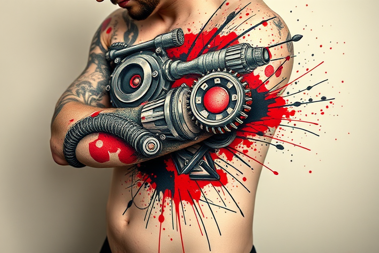 Biomechanical trash polka tattoo combining realistic mechanical elements with abstract splashes of red and black ink, creating a dynamic and chaotic full-sleeve masterpiece