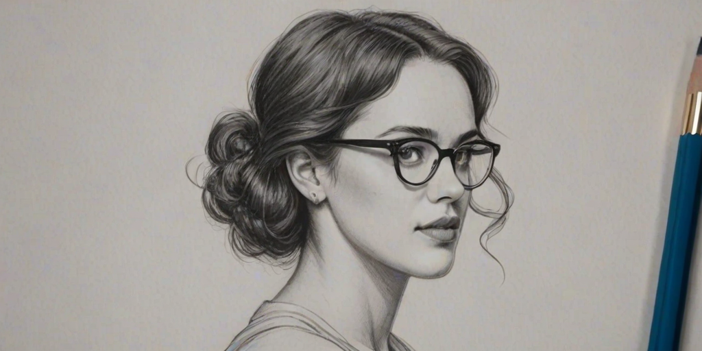Enticing Jessica Brown Findlay, pencil sketch, portrait of Graceful woman 1935s in glasses, hair style beatnik, outline, clear lines, fine lines, 8k