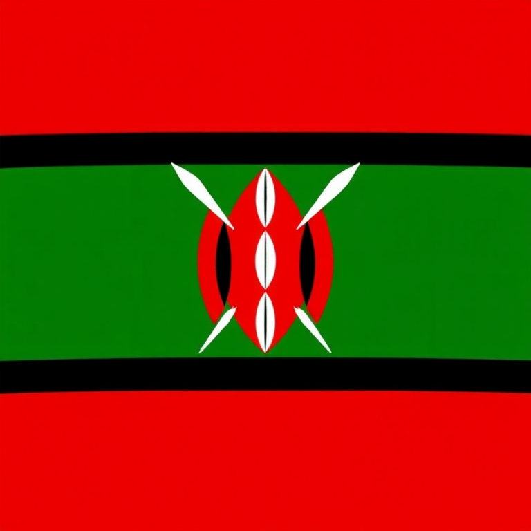 Create an image of the Kenyan flag featuring horizontal stripes of black, red, white, and green with a red and black shield at the center and two white spears crossing behind it using a high-resolution digital camera with a 50mm lens, f/8 aperture, 1/250 sec shutter speed, ISO 100, taken from a straight-on view with vibrant color settings.