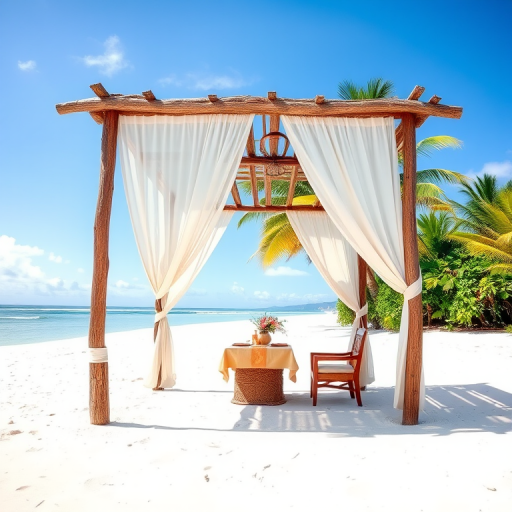 Create a picturesque tropical beach scene featuring a serene, white sandy shore. In the foreground, there's a rustic wooden canopy with white drapes gently flowing in the breeze. Underneath the canopy, a table is set with tropical decor, evoking a sense of relaxation and leisure. The beach extends into a calm, shallow water area with reflections of the sky and surroundings. Palm trees and lush greenery line the edge of the beach, providing a natural, tropical backdrop. The sky is clear with a few scattered clouds, and the overall atmosphere is tranquil and inviting, perfect for a peaceful retreat.