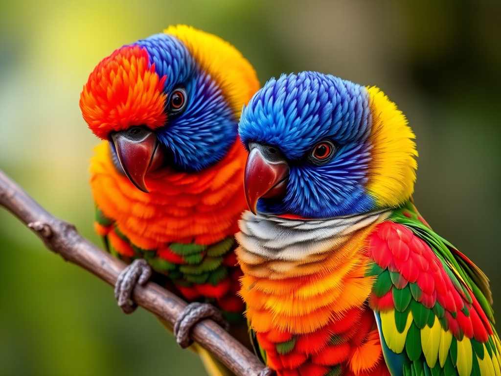Two vibrant sun conures perched closely on a branch, shot with a DSLR camera at f/4 aperture, ISO 200, 1/250 sec shutter speed, in natural light to enhance colors and detail, using a macro lens for close-up clarity.