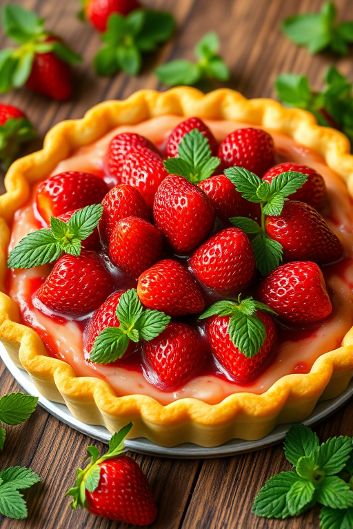 Create an image of a delicious strawberry pie with a golden crust topped with fresh strawberries and a glossy glaze surrounded by green mint leaves on a rustic wooden table.