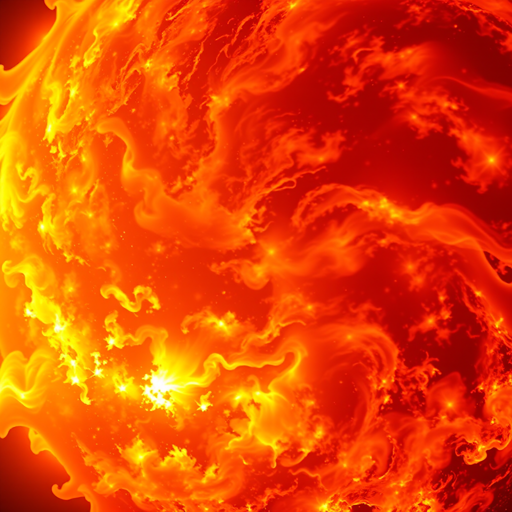 Create an intense high-resolution image of a fiery sun with swirling flames and vibrant light effects, using a DSLR camera with a 50mm lens at f/1.8, ISO 100, and a shutter speed of 1/1000s, capturing a close-up view in a dramatic, artistic style.