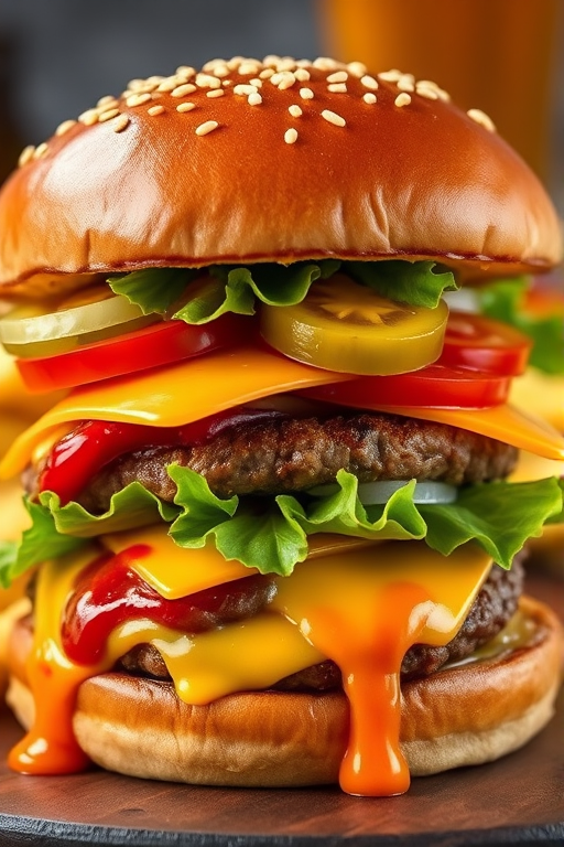 High-resolution, close-up image of a gourmet double cheeseburger. The burger features a glossy, sesame-seed-topped brioche bun. Inside, there are two thick, juicy beef patties, each topped with melted cheddar cheese. The burger is garnished with fresh lettuce, tomato slices, diced onions, and pickles. A generous amount of ketchup and a creamy, orange-colored sauce is dripping down the sides, adding to the mouth-watering appeal. In the background, there are blurred elements including a side of golden French fries and a hint of a beverage, enhancing the overall presentation of a delicious meal.