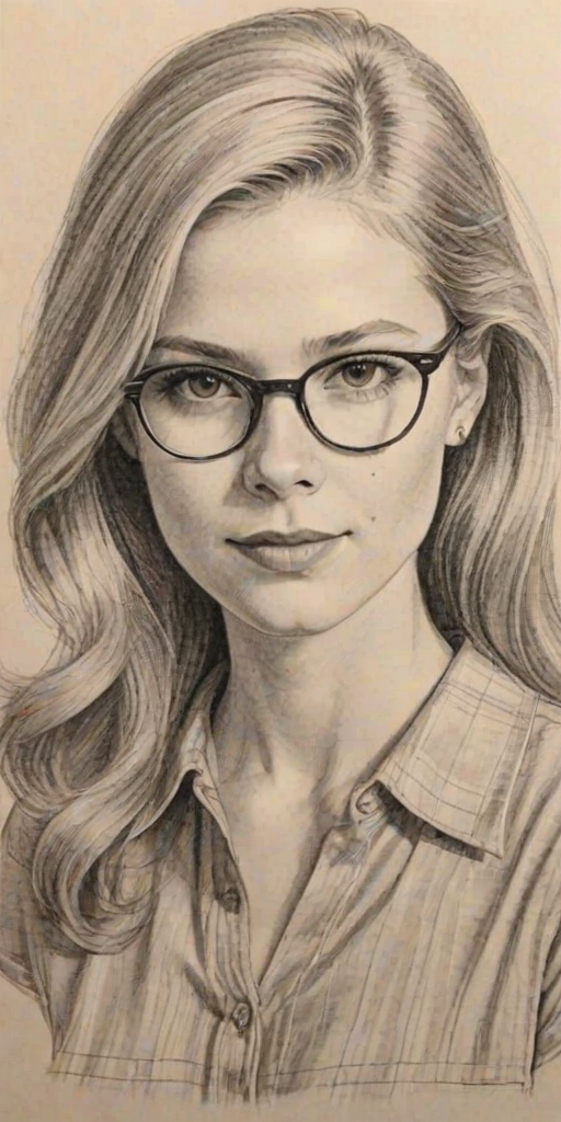 Appealing Erin Moriarty, pencil sketch, portrait of Delightful woman 1949s in glasses, hair style beatnik, outline, clear lines, fine lines, 8k