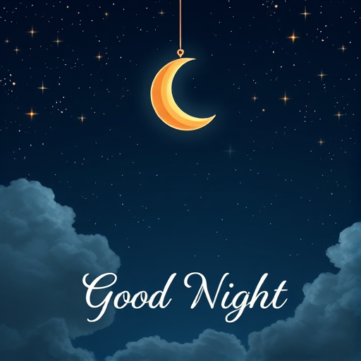 Generate a high-quality digital illustration of a crescent moon hanging from a string against a dark night sky filled with stars and fluffy clouds, featuring the text "Good Night" in an elegant font, using a digital camera setting of f/8, ISO 100, 1/200s shutter speed, with a wide-angle view to capture the entire scene in vibrant colors.
