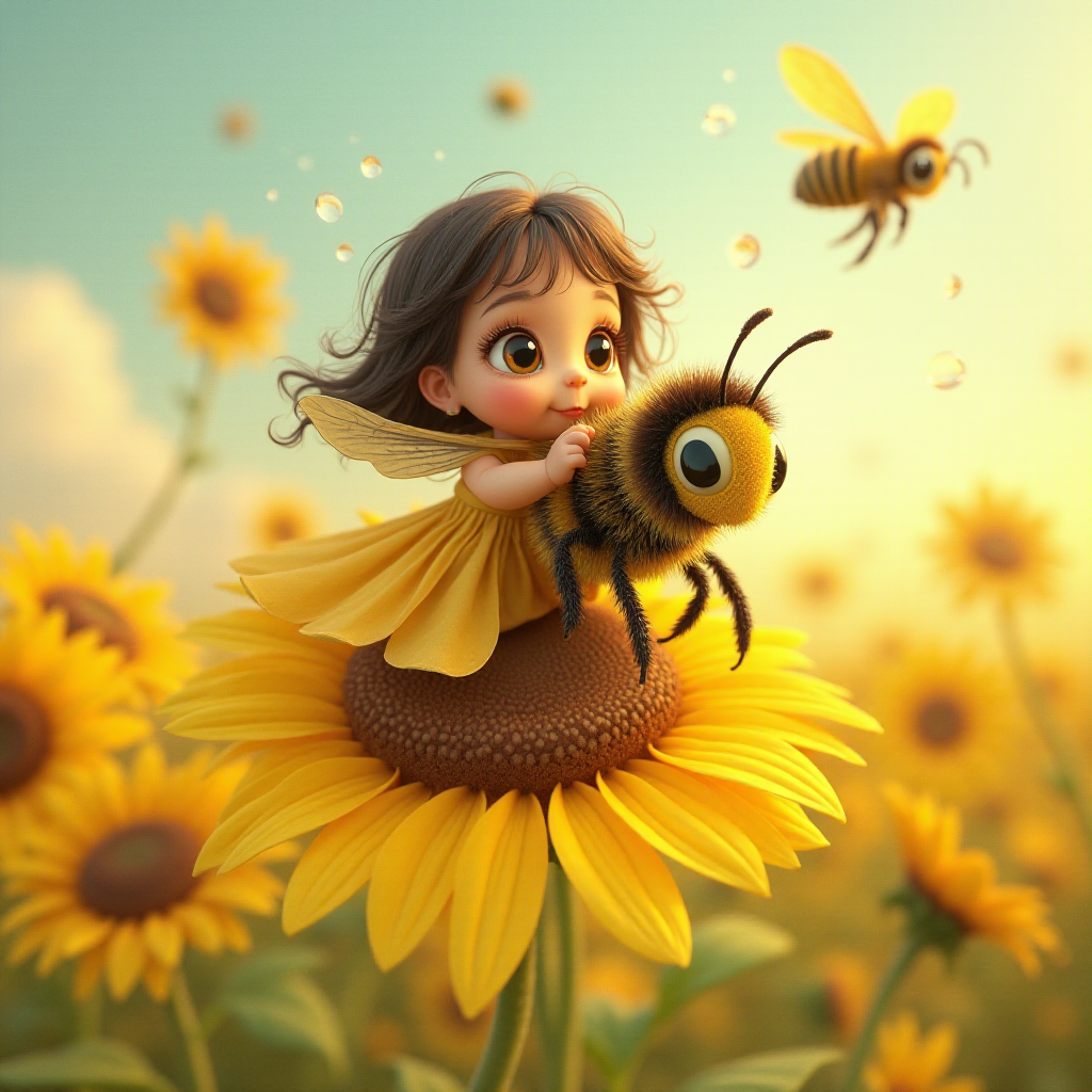 a whimsical cute girl with big eyes, big hair and flowing dress, riding astride a bumble bee, and flying across the top of the sunflower, which are just waking up, and catching dew drop of rain