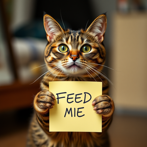 cat holding a note which says "FEED ME"