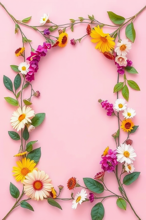Create a floral frame design on a pink background, featuring various flowers and leaves in a playful arrangement, captured with a DSLR camera at f/2.8 aperture, 50mm lens, ISO 100, natural lighting, top-down view, with a soft focus effect for added depth and clarity.