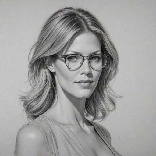 Fascinating Tricia Helfer, pencil sketch, portrait of Appealing woman 1977s in glasses, hair style beatnik, outline, clear lines, fine lines, 8k