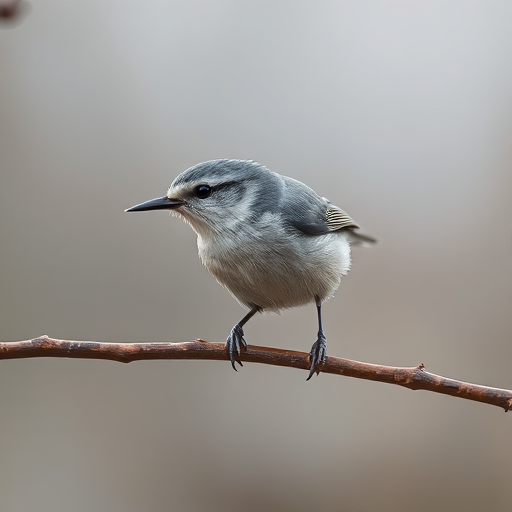 capture a close-up of a nuthatch perched on a branch in soft focus during a foggy morning, using a DSLR camera with a 50mm lens, aperture f/2.8, ISO 200, shutter speed 1/200 sec, neutral density filter for soft lighting effects