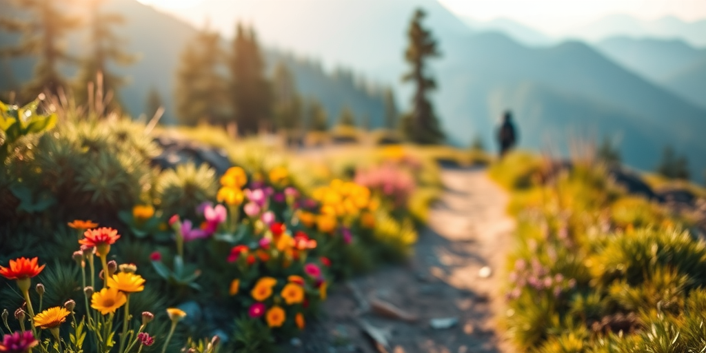 Soft-focus image of a picturesque mountain trail, with vibrant wildflowers lining the path, soft sunlight filtering through the trees, and a distant hiker softly blurred in the background.