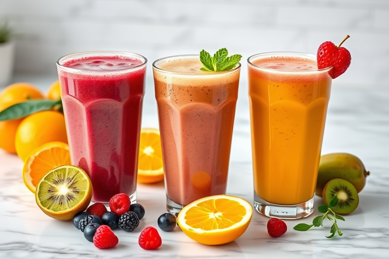 A vibrant arrangement of three colorful smoothie glasses on a marble countertop, surrounded by fresh fruits like oranges, kiwis, and berries, captured with a Canon EOS R5, 50mm lens, f/1.8 aperture, ISO 100, soft natural lighting for enhanced detail and clarity.