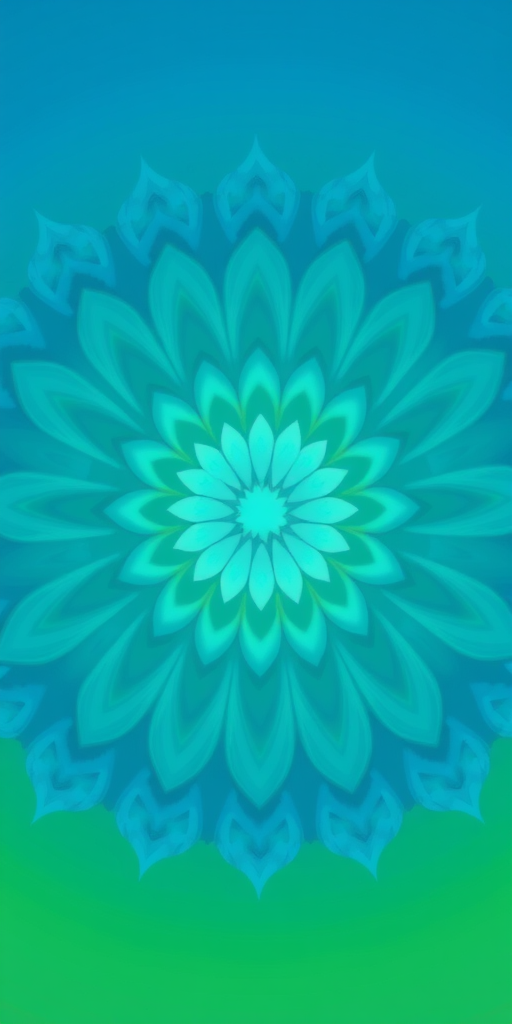 Create a high-resolution digital image of a swirling mandala pattern featuring varying shades of blue and green, intricate petal shapes radiating outward from a central point, with a soft gradient background, captured using a DSLR camera with a 50mm lens at f/8, ISO 100, and a slight vignette effect for depth.