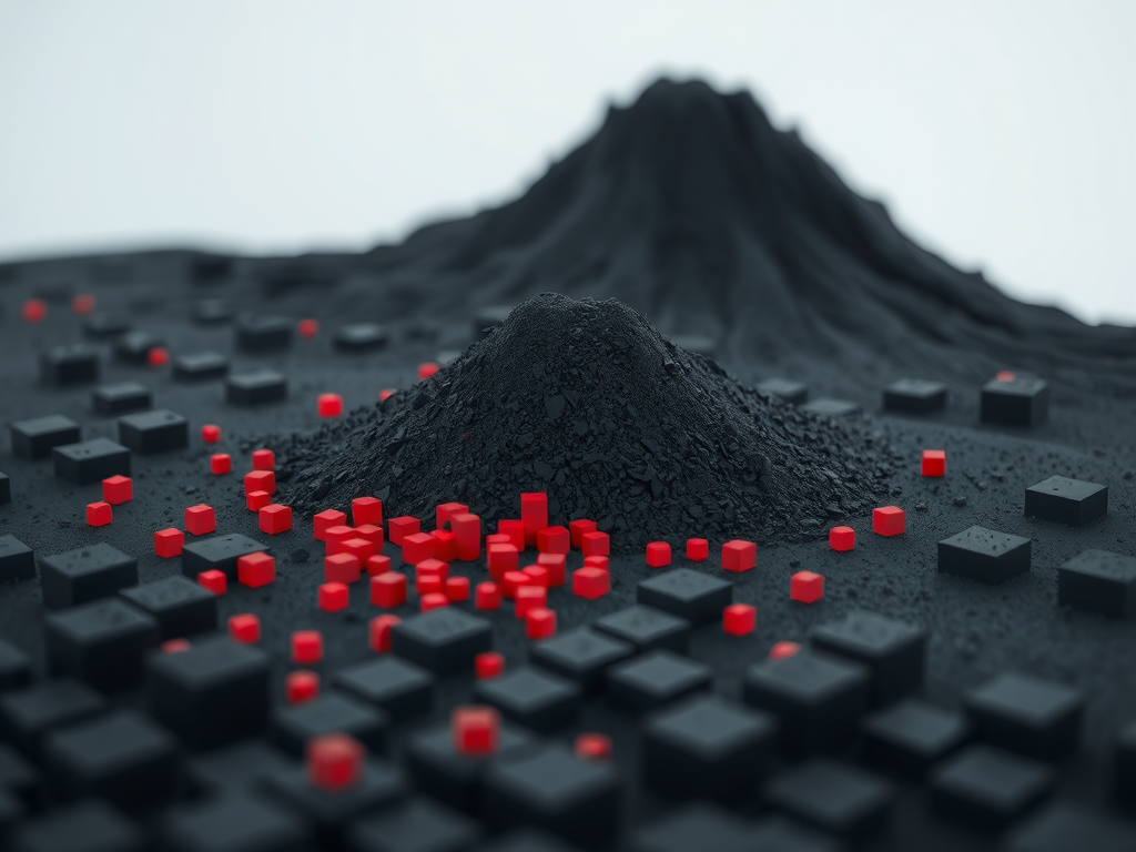 Create a high-resolution abstract image of a black cubic landscape with a prominent black mound, featuring scattered red cubes, captured with a Canon EOS R5, 50mm lens, f/8 aperture, ISO 100, and a slight tilt-shift effect for depth.