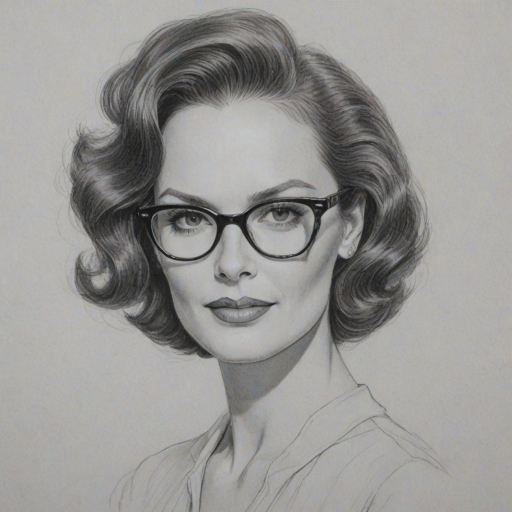 Charming Lesley Ann Warren, pencil sketch, portrait of Dazzling woman 1949s in glasses, hair style beatnik, outline, clear lines, fine lines, 8k