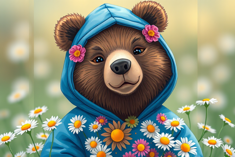 Create a high-resolution illustration of a bear wearing a blue hoodie adorned with flowers, surrounded by daisies, using a Canon EOS R5 with a 50mm f/1.8 lens, at an aperture of f/2.8, natural light, portrait orientation, soft focus background.
