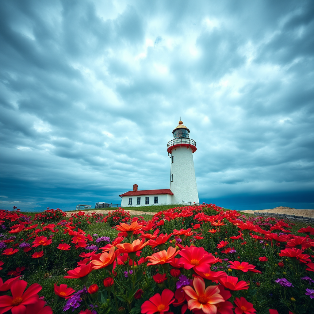 A serene lighthouse surrounded by vibrant flowers under a dramatic sky filled with clouds, shot with a Canon EOS R5, 50mm lens, f/1.8, ISO 100, 1/200s, in landscape orientation, using high dynamic range techniques for enhanced color and detail.