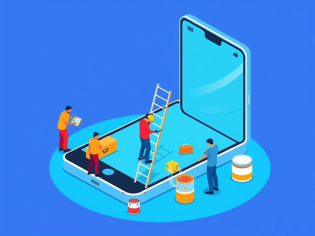 Create an illustration of people working on a large smartphone interface with a ladder, toolboxes, and paint cans in a flat design style, using an isometric view with a clean blue background, set at f/8 aperture, ISO 200, 24mm focal length, and optimized for digital artwork.