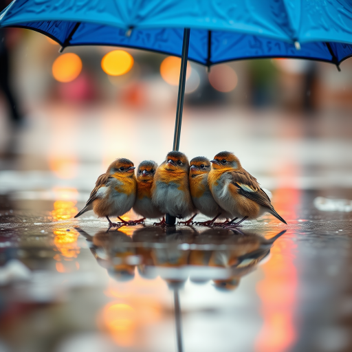 Create an image of five small, fluffy birds huddled together under a blue umbrella in the rain, capturing the vibrant reflections on wet pavement, with a shallow depth of field, soft focus, and a warm color palette; settings: ISO 200, f/2.8, 1/500s, viewed from eye level, using a DSLR camera with a 50mm lens.