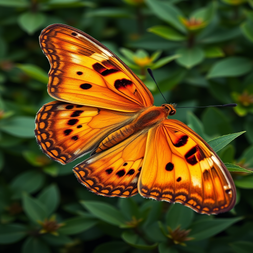 Create a detailed and vibrant image of a large butterfly perched on a green plant. The butterfly should have striking orange and brown wings with intricate patterns and markings. The background should be lush and natural, filled with green foliage to emphasize the butterfly's colors. The focus should be on the butterfly's impressive wingspan and the delicate texture of its wings.