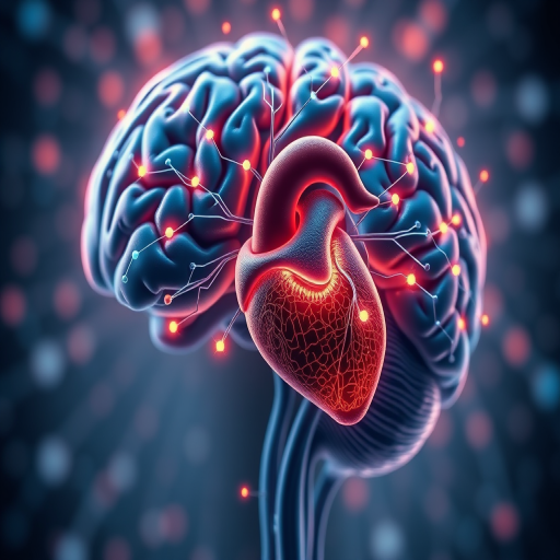 Create a highly detailed digital illustration of a human body showcasing the brain and heart with glowing neural connections, shot with a DSLR camera at f/1.8 aperture, ISO 100, 24mm focal length, in a close-up view with a soft focus background to enhance the vivid colors and intricate details.