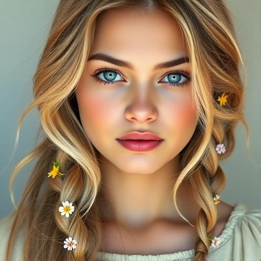 Create an image of a young Hispanic woman with long, wavy blonde hair, adorned with small, colorful flowers woven into her braids and loose strands. Her complexion is fair, with soft, glowing skin, and she has light blue eyes that gaze softly at the viewer. She wears a light, flowing dress with a gentle, ethereal quality, complementing her delicate and serene appearance. The background is slightly blurred, drawing focus to her tranquil expression and the intricate details of the flowers in her hair. The overall mood of the image is one of natural beauty and grace, evoking a sense of peacefulness and connection with nature.