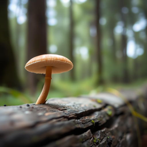 Capture a close-up of a solitary mushroom on a log with a blurred forest background, using a Canon EOS 5D Mark IV, 50mm lens, aperture f/2.8, shutter speed 1/125 sec, ISO 100, natural soft lighting.