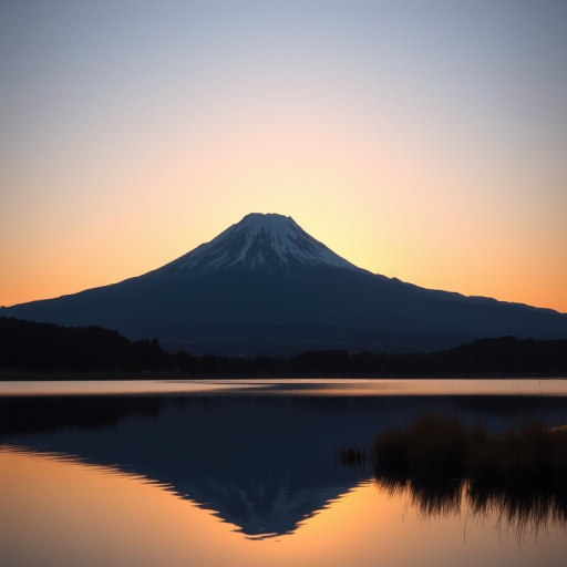 Landscape photograph of Mount Fuji during sunrise with clear skies, reflecting in a calm lake, using a DSLR camera, 50mm lens, aperture f/8, ISO 100, shutter speed 1/200s, taken from a low angle to emphasize the reflection.