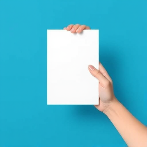 Create an illustration of a hand holding a blank white sheet of paper against a solid blue background, using a 50mm lens, f/8 aperture, ISO 100, and soft lighting to enhance image clarity and details.