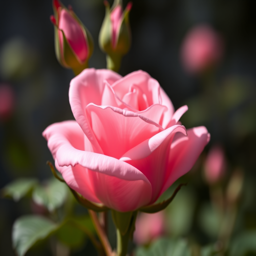Close-up shot of a blooming pink rose with buds in the background, captured with a Canon EOS R5, 100mm f/2.8 macro lens, aperture set to f/2.8, ISO 100, natural sunlight for vibrant color and sharp detail.