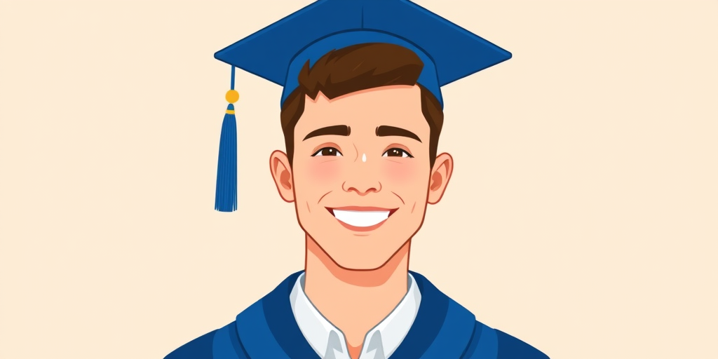 Create a digital illustration of a smiling male graduate wearing a blue cap and gown, with a tassel on the cap, against a simple background, using a 50mm lens, f/8 aperture, ISO 100, 1/125s shutter speed, top-down view, colorful flat design style.