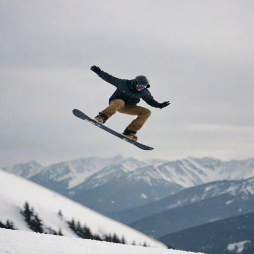 Blurry action shot of a snowboarder performing a trick in mid-air, snow flying from their board, with distant mountains barely visible in the soft light of an overcast winter day.