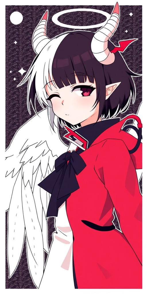 1girl,tokoyami towa,mesugaki,devil,amane kanata,angel,split theme,stylish,artist, closed mouth