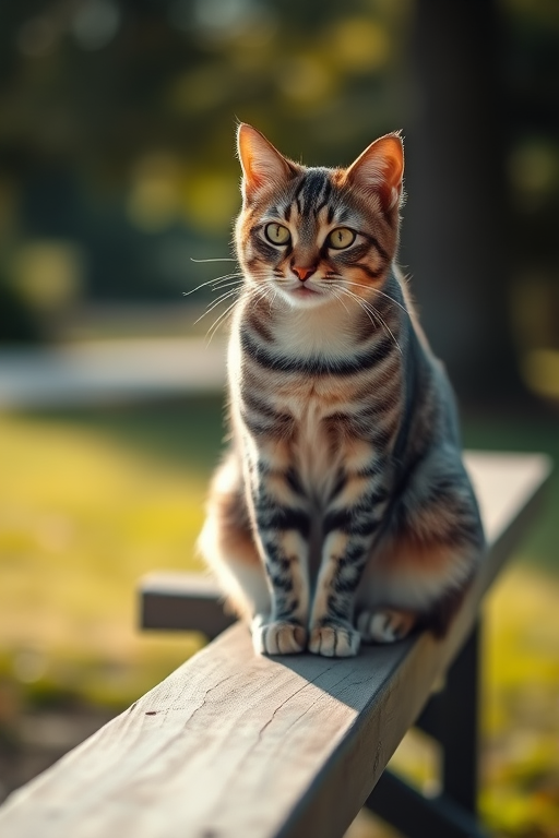 A sharp image of a tabby cat sitting gracefully on a wooden bench in soft afternoon light, with a shallow depth of field, taken with a DSLR camera at f/2.8, ISO 100, and a focal length of 50mm.