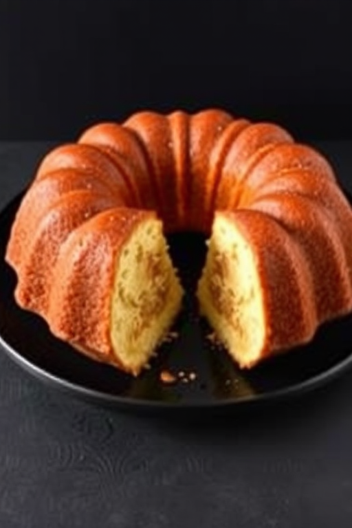 A beautifully baked bundt cake on a black plate with two slices cut out showcasing its moist texture and golden crust, set against a dark background.