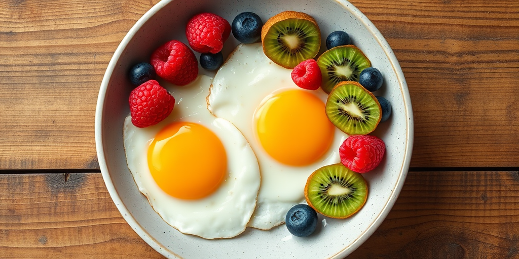 Generate a high-quality image of a breakfast bowl with two fried eggs, fresh raspberries, blueberries, and sliced kiwi on a rustic wooden table, captured with a Canon EOS R5, 50mm lens, aperture f/2.8, ISO 100, natural light, top-down view.